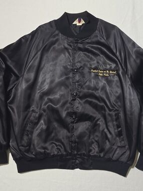 Vintage Black Satin Bomber Jacket with Gold Script